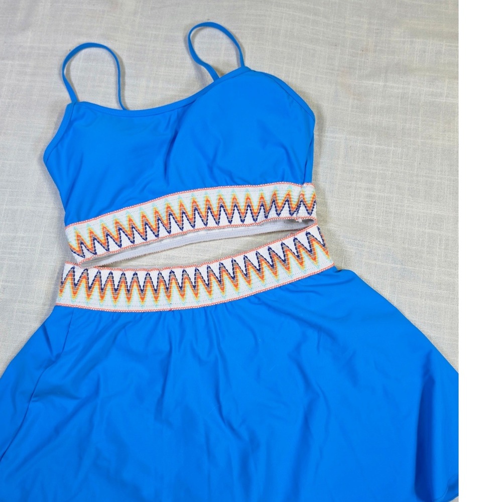 Blue Two Piece Swim Skirt Set with Embroidered Chevron Waistband Size S